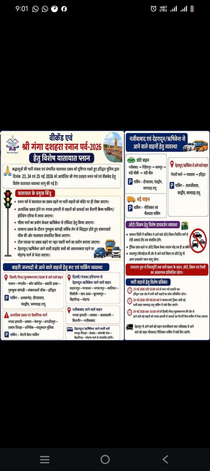 वीकेण्ड एवं श्री गंगा दशहरा स्नान पर्व हेतु हरिद्वार शहर क्षेत्र का यातायात. Plan हरिद्वार पुलिस ने किया जारी।